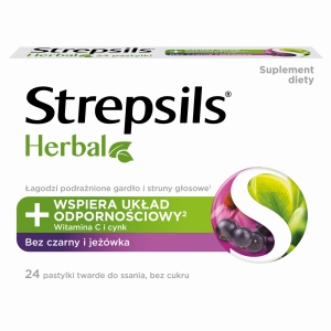 Strepsils Herbal pastylki do ssania łagodzące podrażnione gardło i struny głosowe suplement diety Bez Czarny i Jeżówka 24szt.